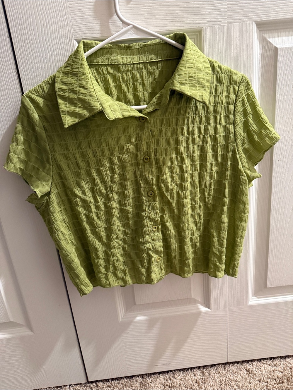Cropped Textured Button-Up Short Sleeve Top - Lime Green